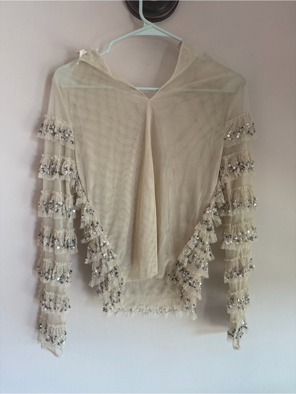Let Me Be Anthropologie Cream Sheer Mesh Ruffle Sequin Long Sleeve Top Small